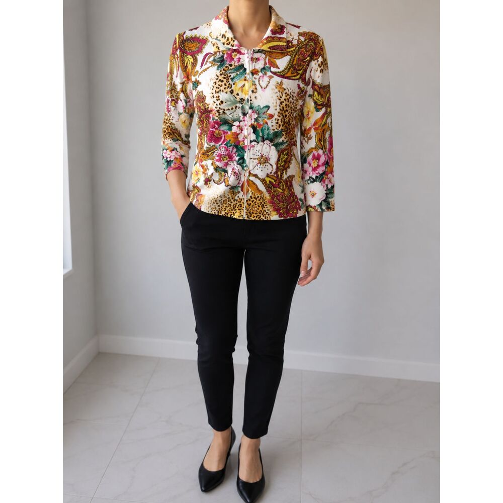 Alberto Makali Women’s Floral Paisley Leopard Print Sequin Zip Jacket (Stretchy)